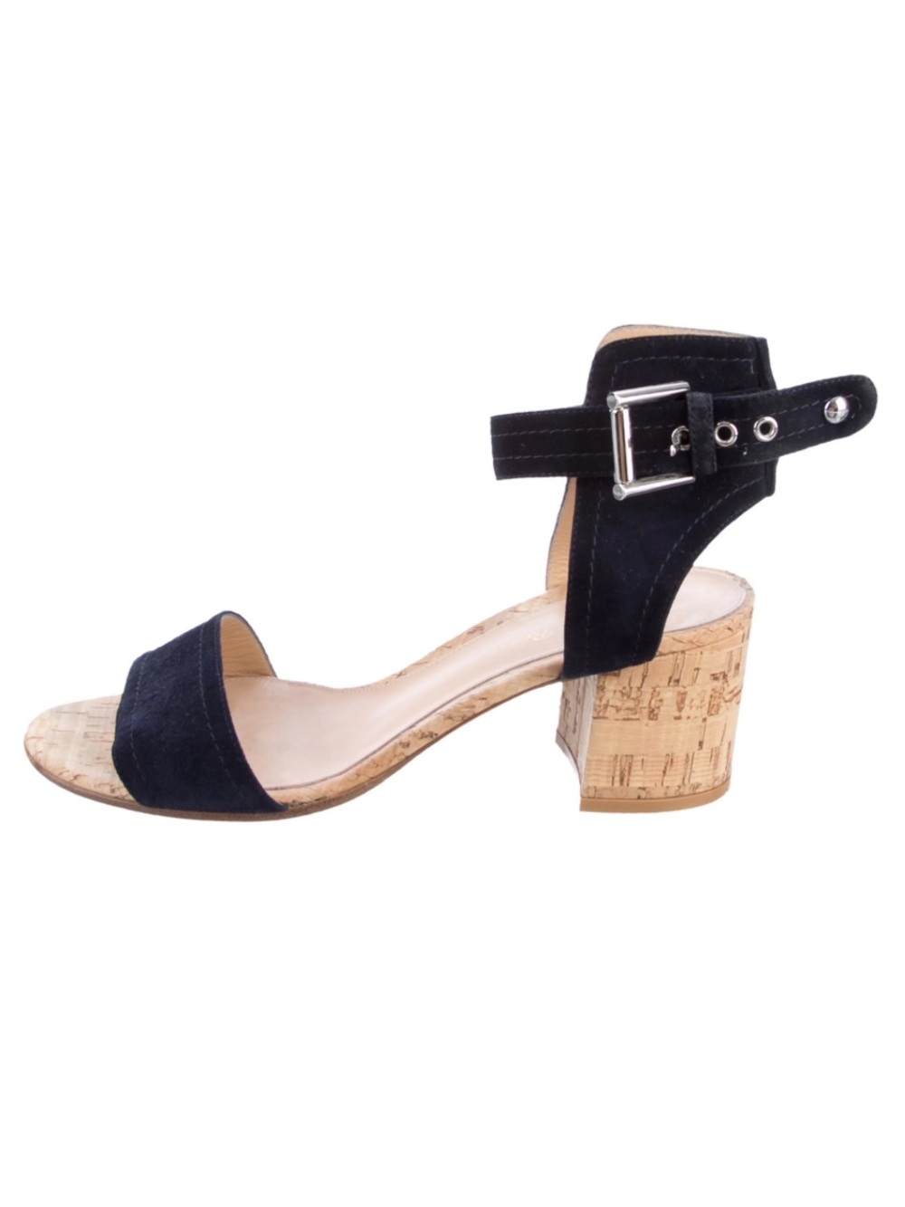 Gianvito Rossi Black Suede Cork Block Heel Slingback Sandals